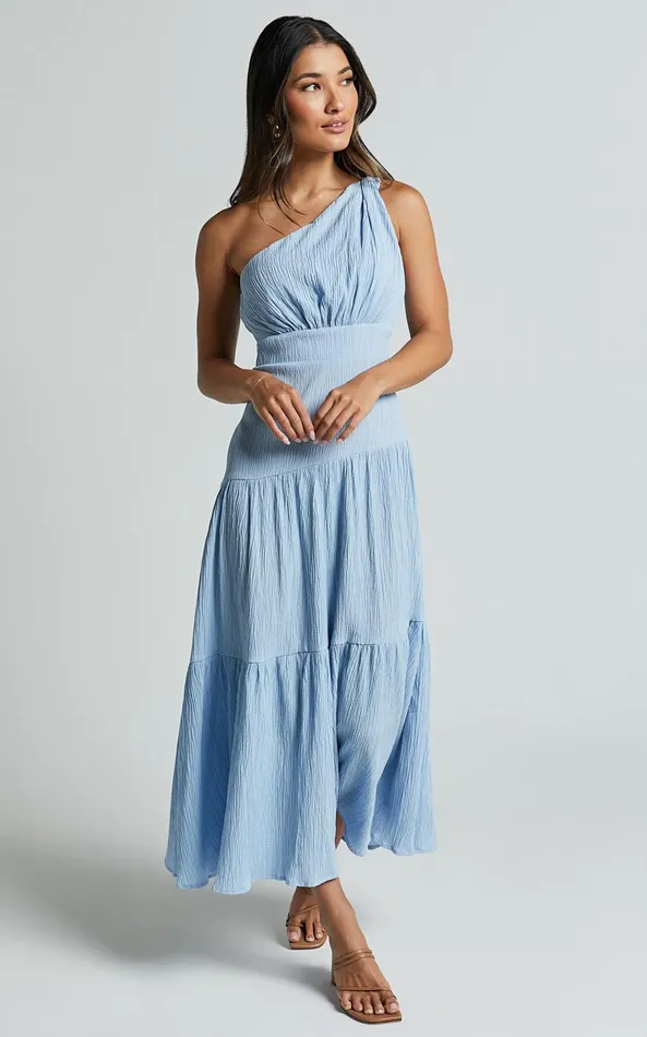 Showpo Celestia Midi Dress 8211 Tiered One Shoulder Dress In Soft Blue Women Dresses