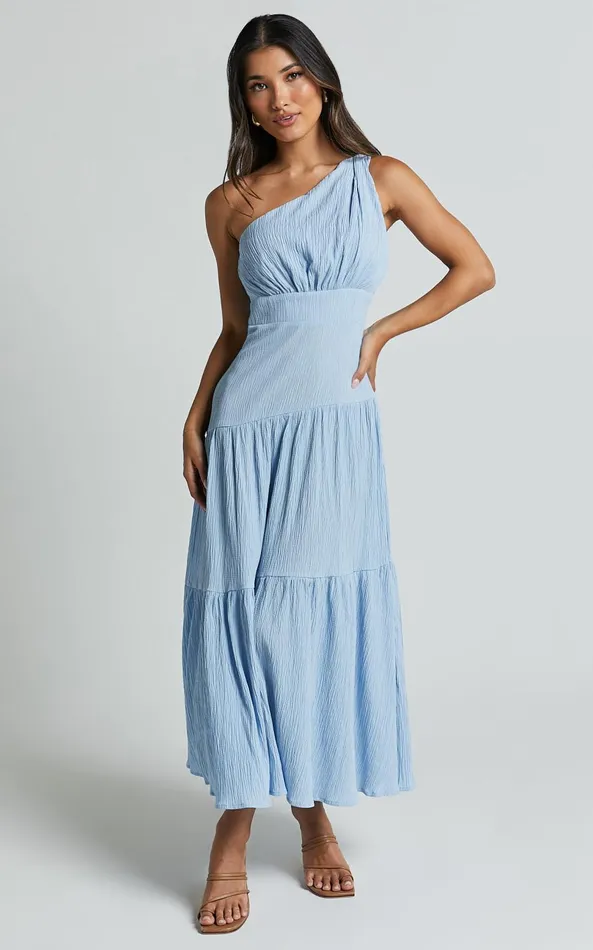 Showpo Celestia Midi Dress 8211 Tiered One Shoulder Dress In Soft Blue Women Dresses