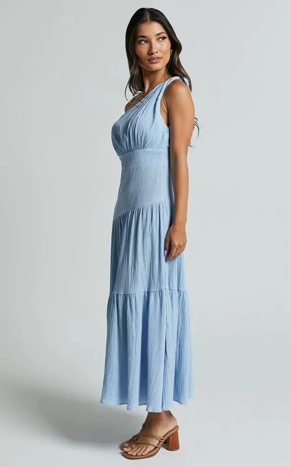 Showpo Celestia Midi Dress 8211 Tiered One Shoulder Dress In Soft Blue Women Dresses