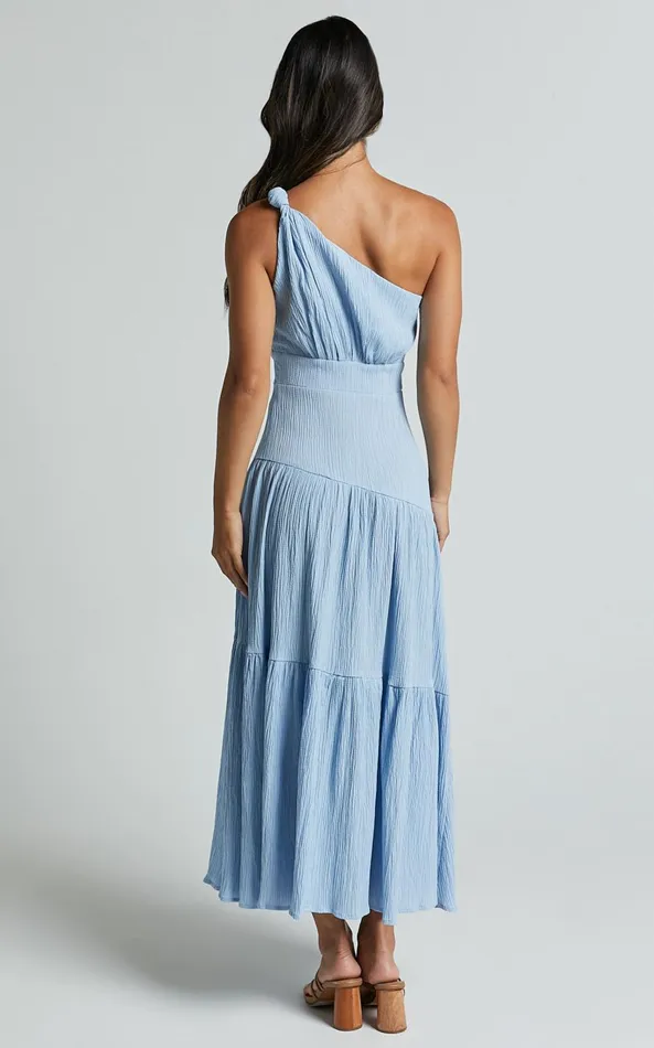 Showpo Celestia Midi Dress 8211 Tiered One Shoulder Dress In Soft Blue Women Dresses