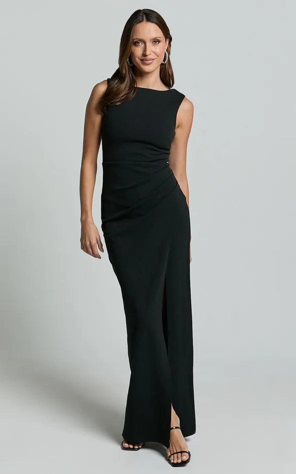 Showpo Celia Maxi Dress 8211 Twist Shoulder Bodycon Thigh Split Dress In Black Women Dresses