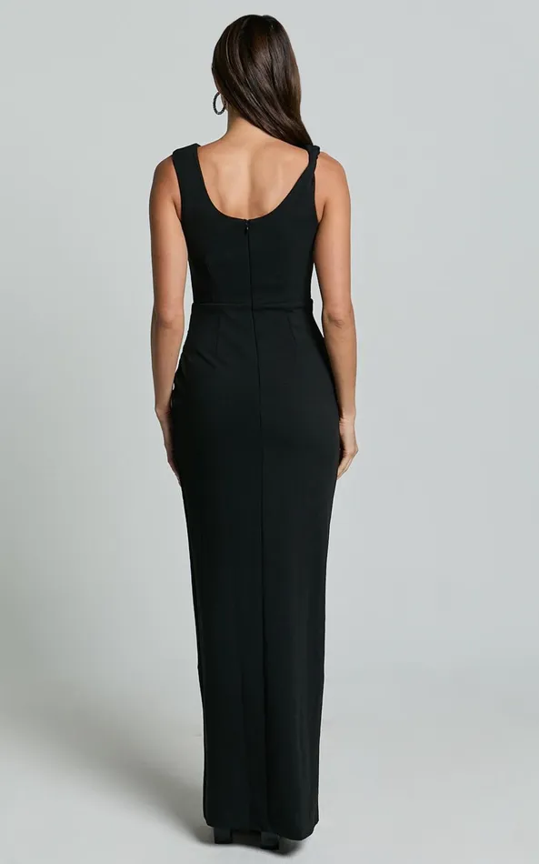 Showpo Celia Maxi Dress 8211 Twist Shoulder Bodycon Thigh Split Dress In Black Women Dresses
