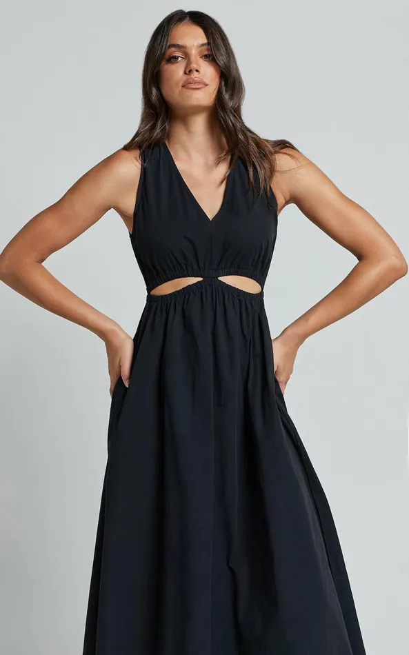 Showpo Celiana Midi Dress 8211 Plunge Elastic Waist Cut Out Sleeveless A Line Dress In Black Women Dresses