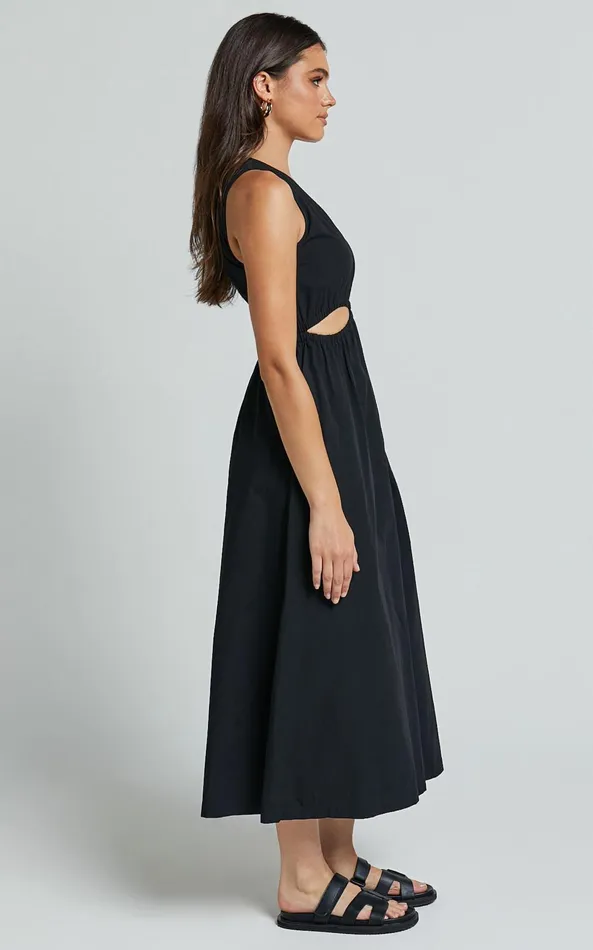 Showpo Celiana Midi Dress 8211 Plunge Elastic Waist Cut Out Sleeveless A Line Dress In Black Women Dresses