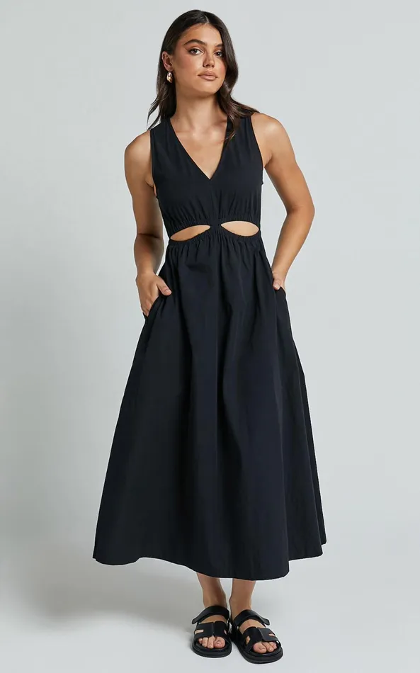 Showpo Celiana Midi Dress 8211 Plunge Elastic Waist Cut Out Sleeveless A Line Dress In Black Women Dresses