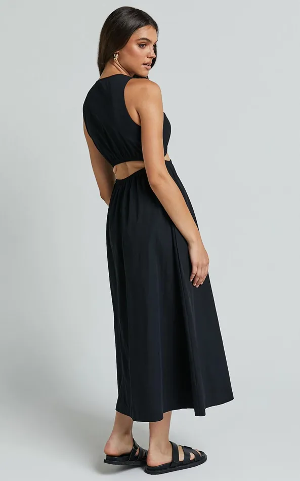 Showpo Celiana Midi Dress 8211 Plunge Elastic Waist Cut Out Sleeveless A Line Dress In Black Women Dresses
