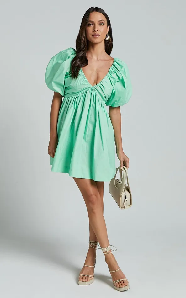 Showpo Celie Mini Dress 8211 Puff Sleeve Empire Waist Dress In Mint Green Women Dresses