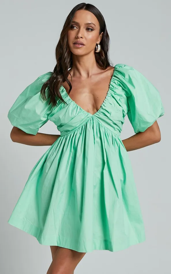 Showpo Celie Mini Dress 8211 Puff Sleeve Empire Waist Dress In Mint Green Women Dresses