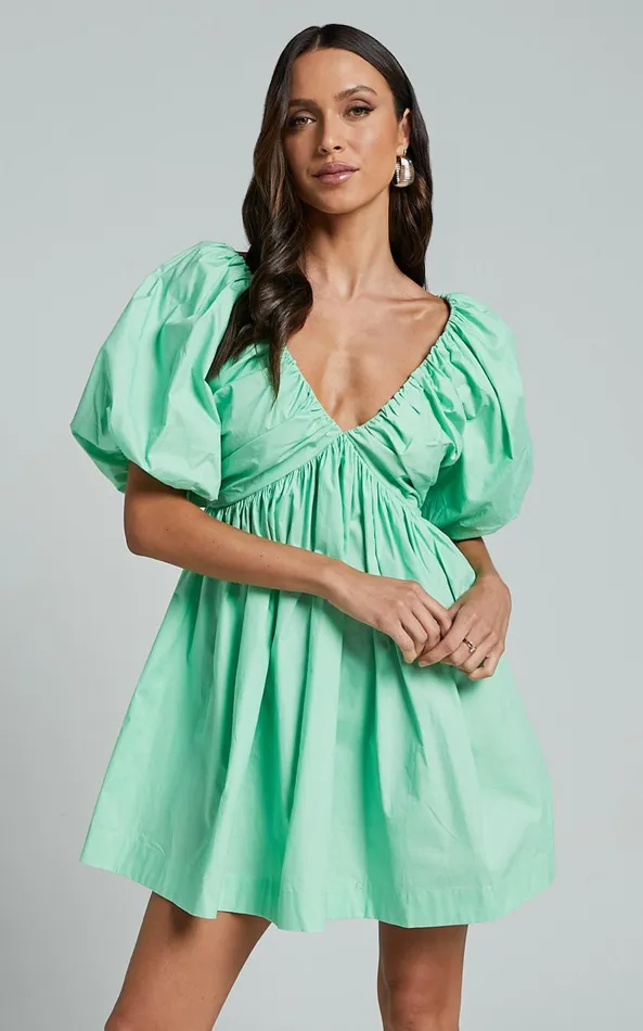 Showpo Celie Mini Dress 8211 Puff Sleeve Empire Waist Dress In Mint Green Women Dresses