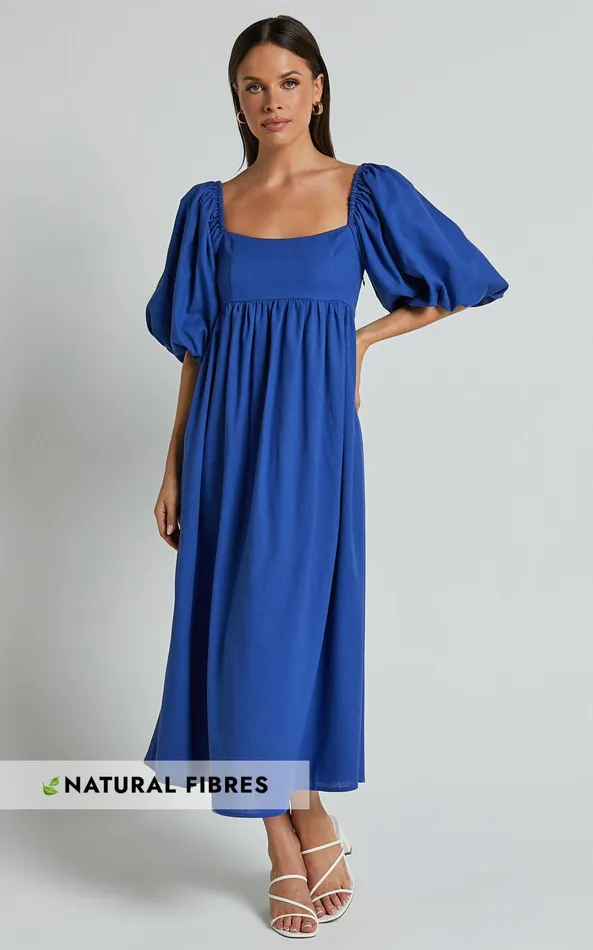 Showpo Cenia Midi Dress 8211 Linen Look Straight Neck Shirred Back Puff Sleeve Dress In Bright Blue Women Dresses Showpo Cenia Midi Dress 8211 Linen Look Straight Neck Shirred Back Puff Sleeve Dress In Bright Blue Women Dresses
