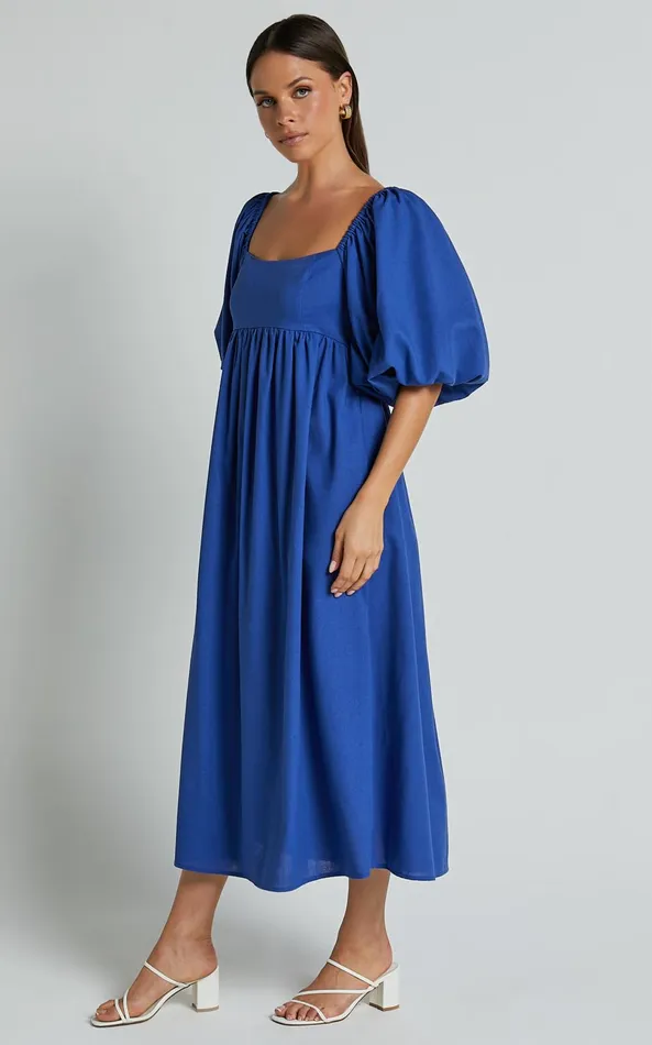 Showpo Cenia Midi Dress 8211 Linen Look Straight Neck Shirred Back Puff Sleeve Dress In Bright Blue Women Dresses