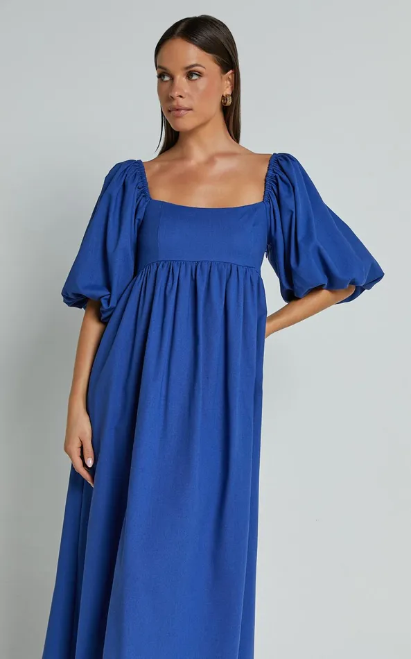Showpo Cenia Midi Dress 8211 Linen Look Straight Neck Shirred Back Puff Sleeve Dress In Bright Blue Women Dresses