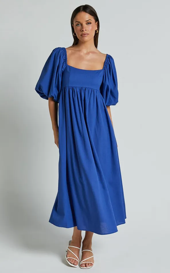 Showpo Cenia Midi Dress 8211 Linen Look Straight Neck Shirred Back Puff Sleeve Dress In Bright Blue Women Dresses