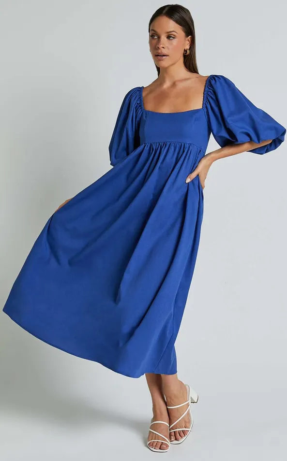Showpo Cenia Midi Dress 8211 Linen Look Straight Neck Shirred Back Puff Sleeve Dress In Bright Blue Women Dresses