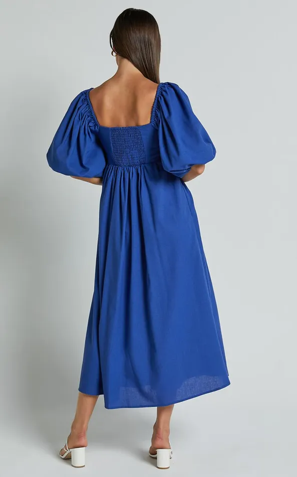 Showpo Cenia Midi Dress 8211 Linen Look Straight Neck Shirred Back Puff Sleeve Dress In Bright Blue Women Dresses
