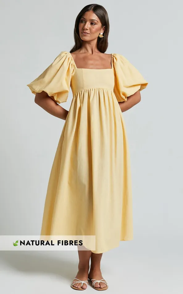 Showpo Cenia Midi Dress 8211 Linen Look Straight Neck Shirred Back Puff Sleeve Dress In Lemon Women Curve Clothes Showpo Cenia Midi Dress 8211 Linen Look Straight Neck Shirred Back Puff Sleeve Dress In Lemon Women Curve Clothes