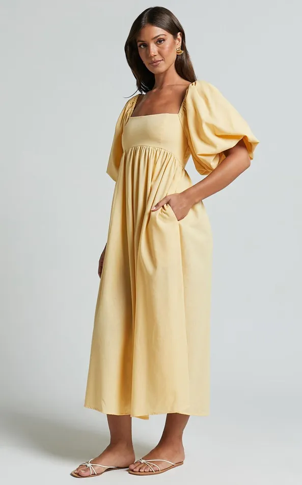 Showpo Cenia Midi Dress 8211 Linen Look Straight Neck Shirred Back Puff Sleeve Dress In Lemon Women Curve Clothes