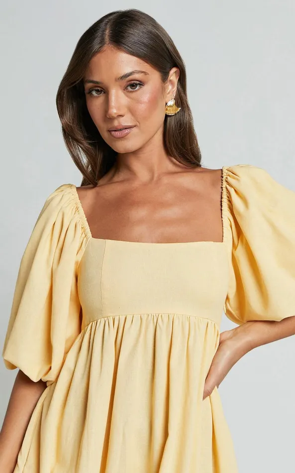 Showpo Cenia Midi Dress 8211 Linen Look Straight Neck Shirred Back Puff Sleeve Dress In Lemon Women Curve Clothes