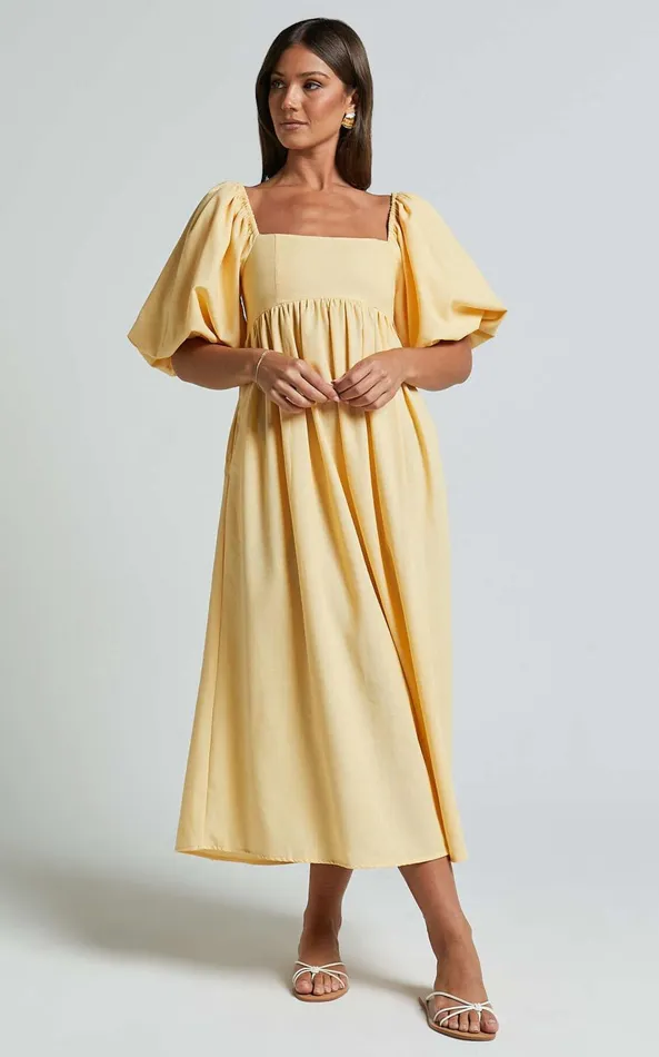 Showpo Cenia Midi Dress 8211 Linen Look Straight Neck Shirred Back Puff Sleeve Dress In Lemon Women Curve Clothes