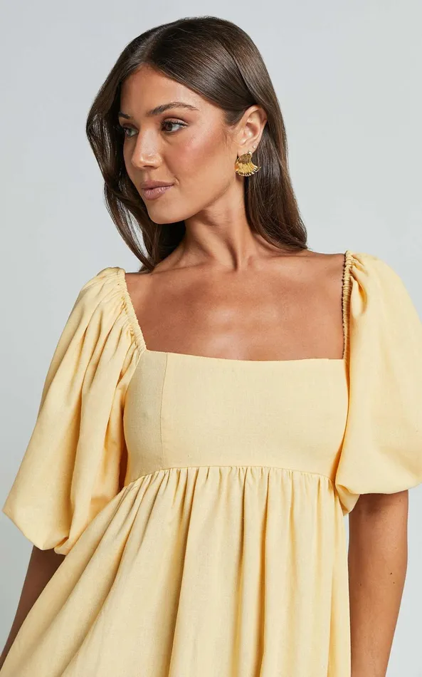 Showpo Cenia Midi Dress 8211 Linen Look Straight Neck Shirred Back Puff Sleeve Dress In Lemon Women Curve Clothes