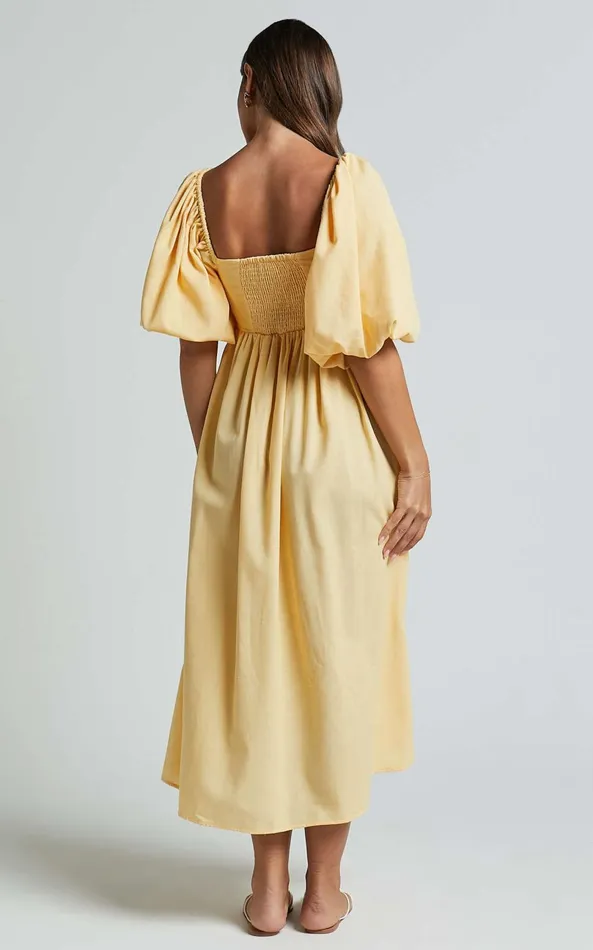 Showpo Cenia Midi Dress 8211 Linen Look Straight Neck Shirred Back Puff Sleeve Dress In Lemon Women Curve Clothes