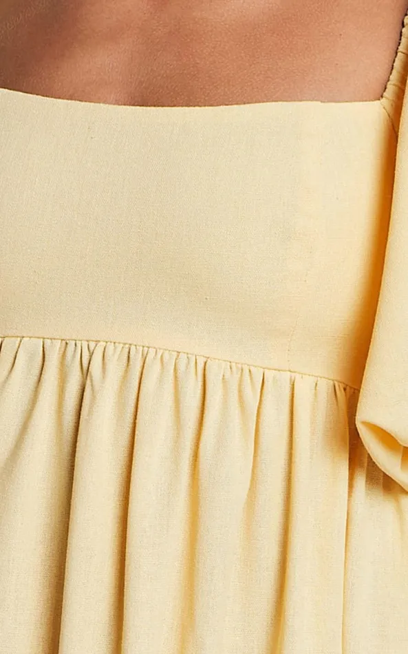 Showpo Cenia Midi Dress 8211 Linen Look Straight Neck Shirred Back Puff Sleeve Dress In Lemon Women Curve Clothes