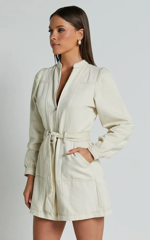 Showpo Cenna Playsuit 8211 Zip Front Long Sleeve Denim Playsuit In Ecru Wash Women Denim