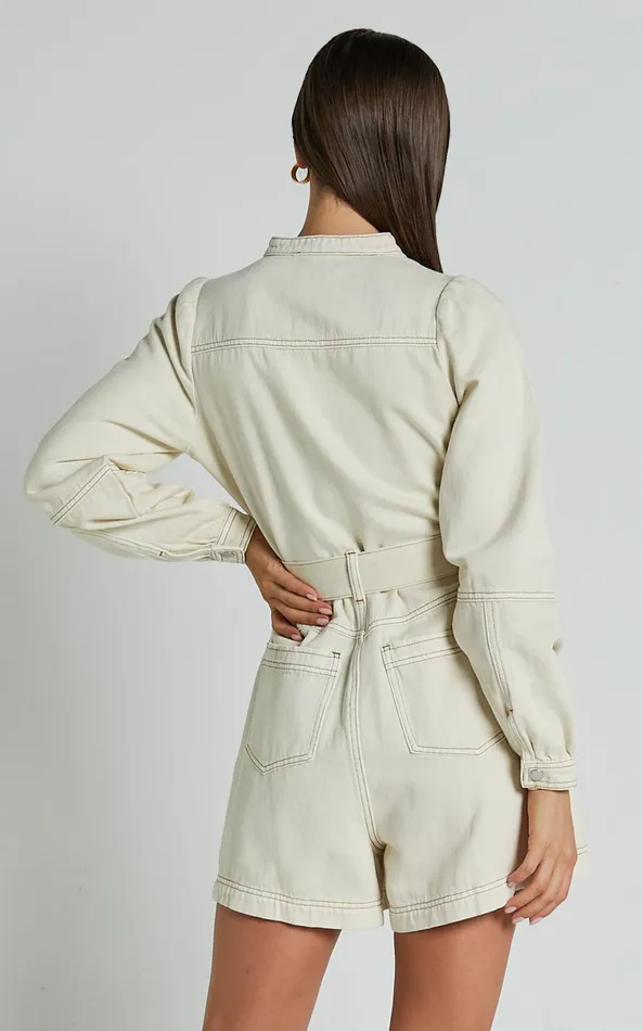 Showpo Cenna Playsuit 8211 Zip Front Long Sleeve Denim Playsuit In Ecru Wash Women Denim