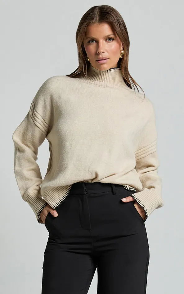 Showpo Cera Jumper 8211 High Neck Contrast Seam Stitch Detail Knit Jumper In Sand Women Knitwear