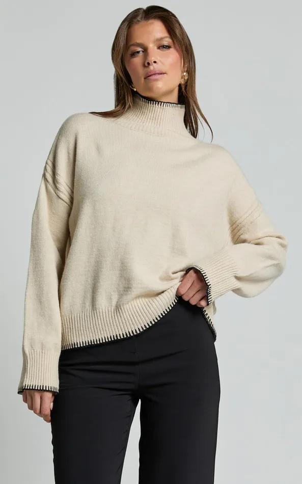 Showpo Cera Jumper 8211 High Neck Contrast Seam Stitch Detail Knit Jumper In Sand Women Knitwear