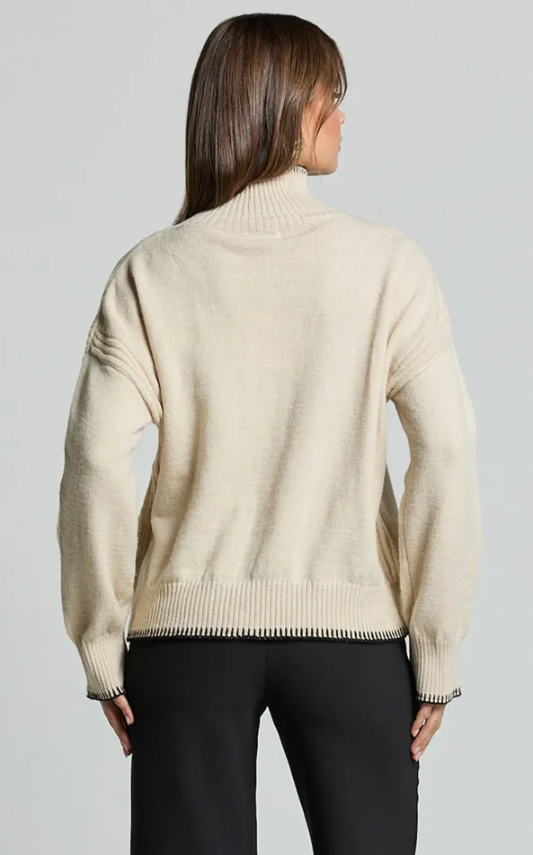 Showpo Cera Jumper 8211 High Neck Contrast Seam Stitch Detail Knit Jumper In Sand Women Knitwear