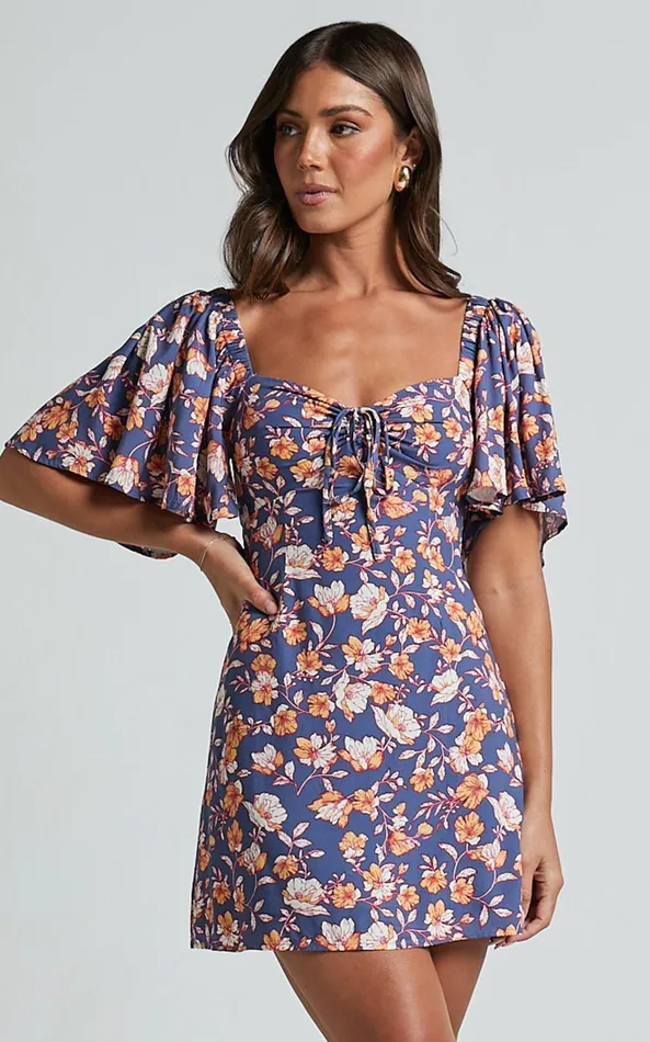Showpo Ceriana Mini Dress 8211 Flutter Sleeve Gathered Chest Dress In Navy Floral Women Dresses