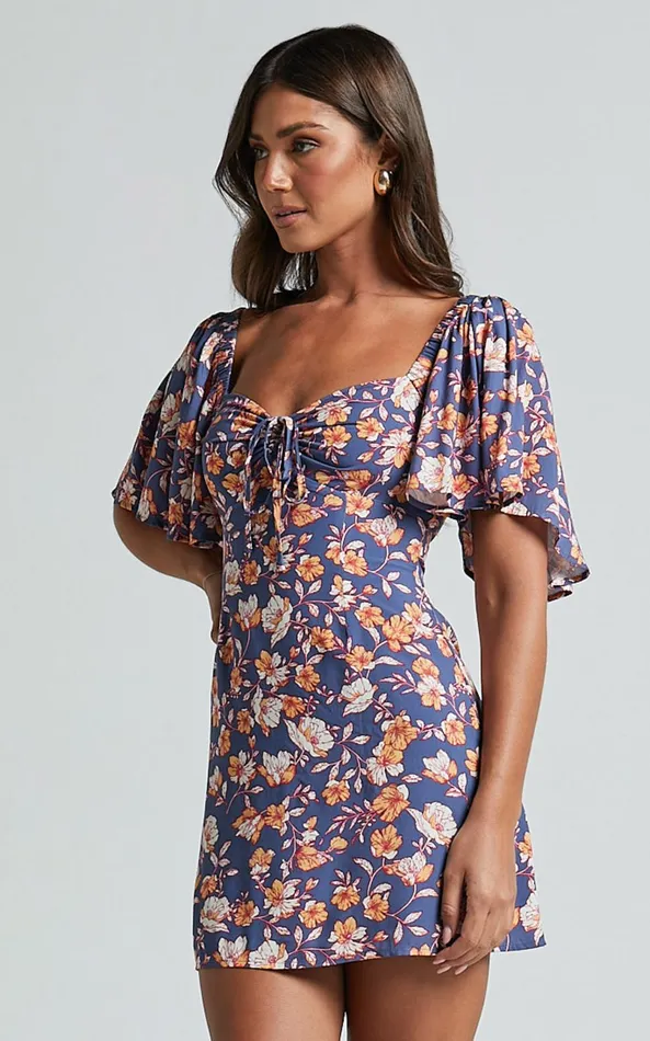 Showpo Ceriana Mini Dress 8211 Flutter Sleeve Gathered Chest Dress In Navy Floral Women Dresses