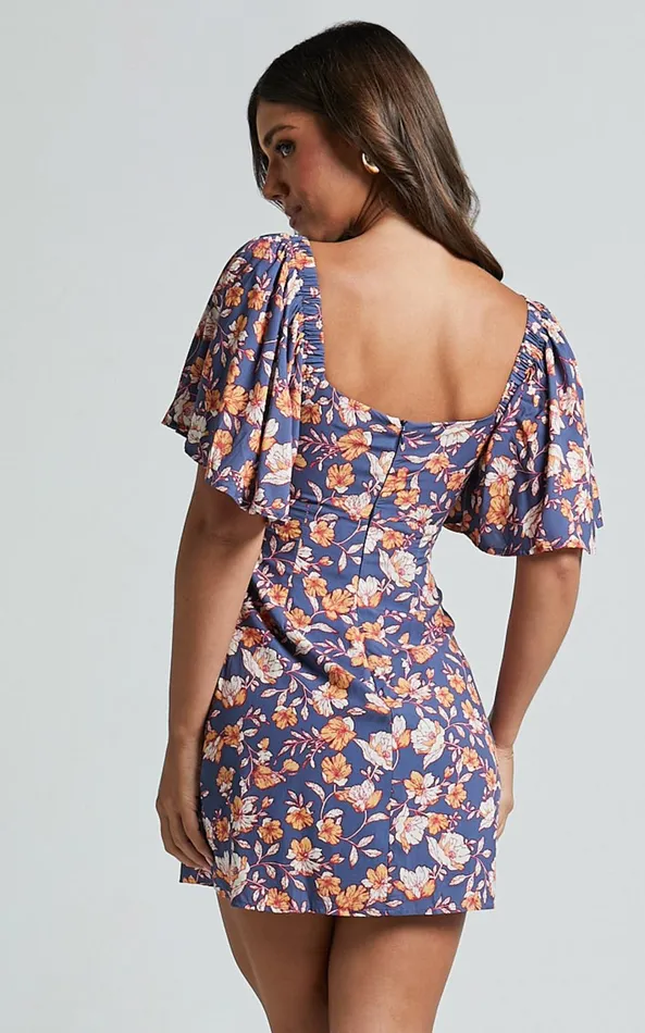 Showpo Ceriana Mini Dress 8211 Flutter Sleeve Gathered Chest Dress In Navy Floral Women Dresses