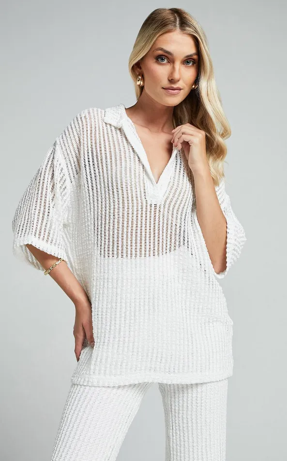 Showpo Cessily Top 8211 V Neck Oversized Sheer Crochet Blouse In White Women Tops Showpo Cessily Top 8211 V Neck Oversized Sheer Crochet Blouse In White Women Tops