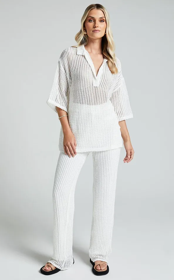 Showpo Cessily Top 8211 V Neck Oversized Sheer Crochet Blouse In White Women Tops