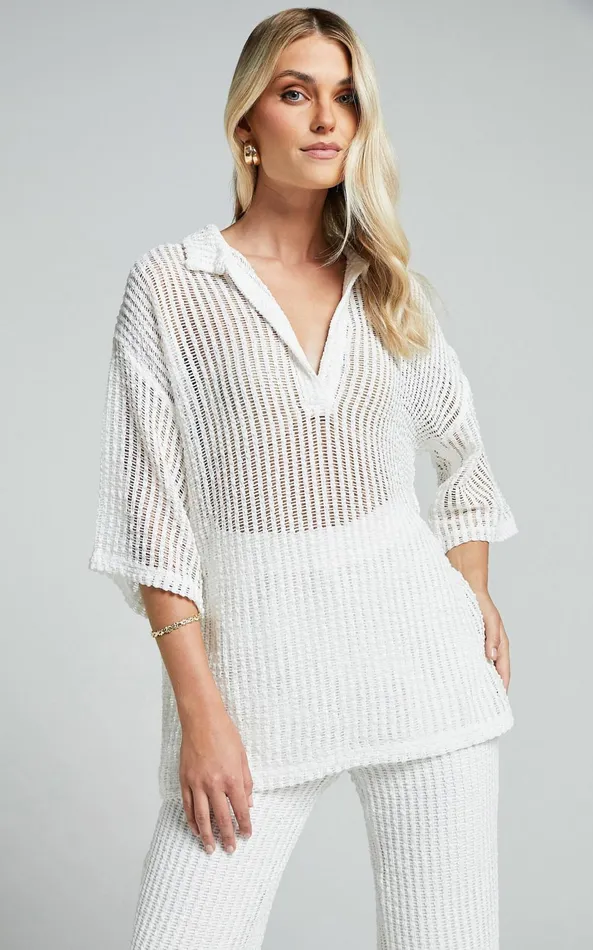 Showpo Cessily Top 8211 V Neck Oversized Sheer Crochet Blouse In White Women Tops