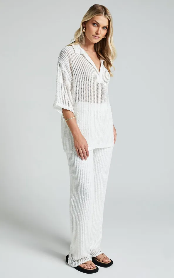 Showpo Cessily Top 8211 V Neck Oversized Sheer Crochet Blouse In White Women Tops