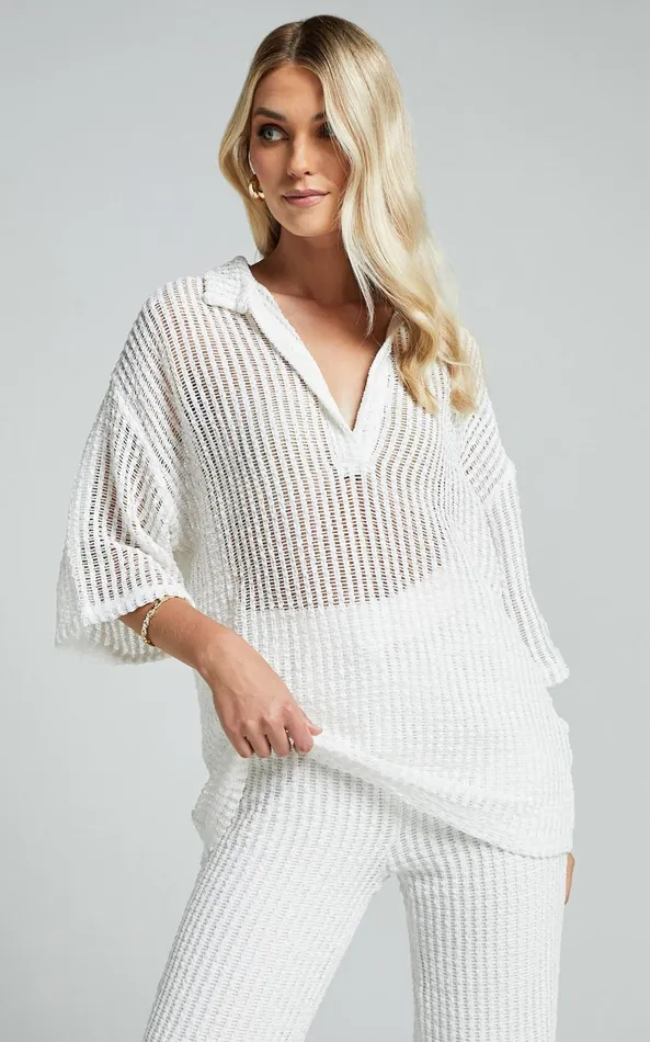 Showpo Cessily Top 8211 V Neck Oversized Sheer Crochet Blouse In White Women Tops