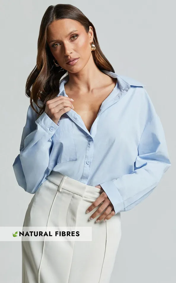 Showpo Chaemay Shirt 8211 Long Sleeve Shirt In Blue Women Curve Clothes