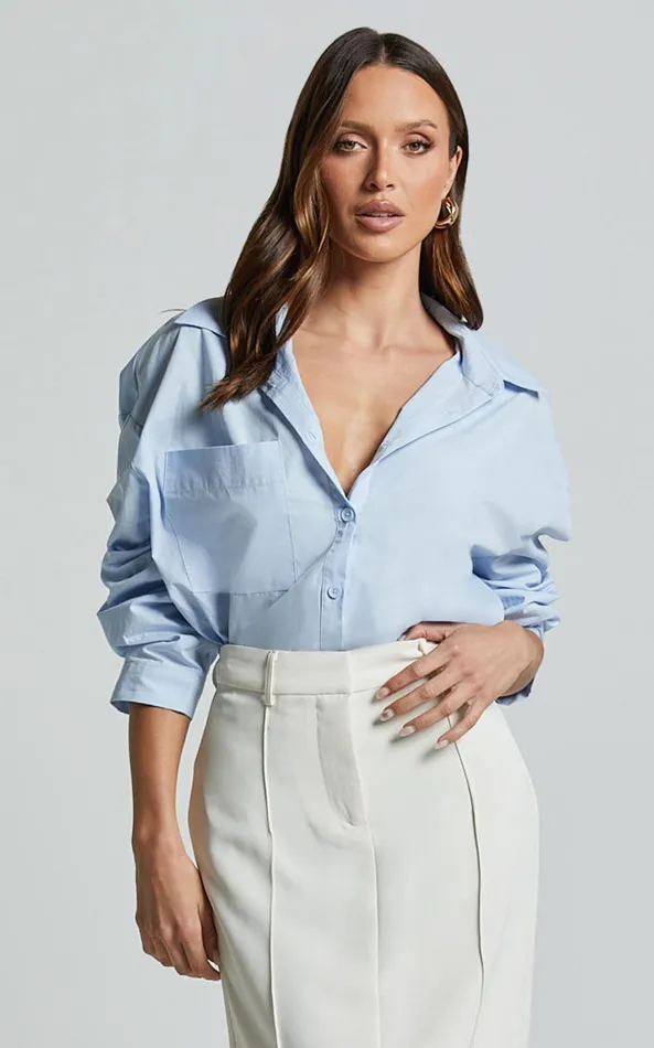 Showpo Chaemay Shirt 8211 Long Sleeve Shirt In Blue Women Curve Clothes