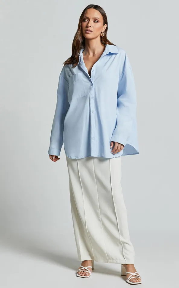 Showpo Chaemay Shirt 8211 Long Sleeve Shirt In Blue Women Curve Clothes
