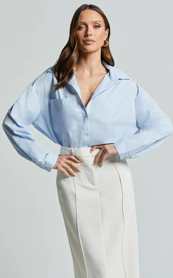 Showpo Chaemay Shirt 8211 Long Sleeve Shirt In Blue Women Curve Clothes
