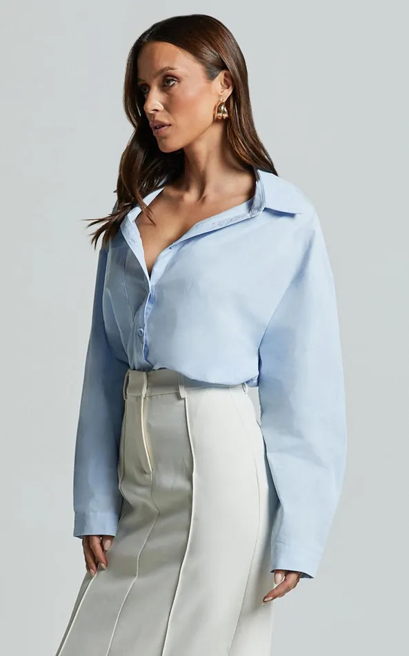 Showpo Chaemay Shirt 8211 Long Sleeve Shirt In Blue Women Curve Clothes