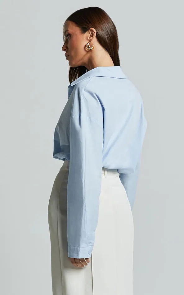 Showpo Chaemay Shirt 8211 Long Sleeve Shirt In Blue Women Curve Clothes