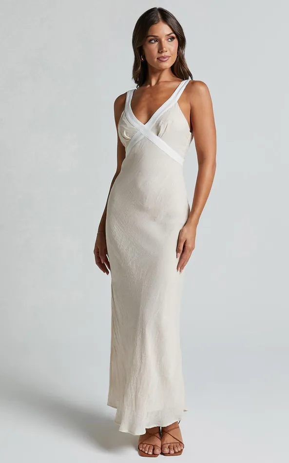 Showpo Chakyra Midi Dress 8211 Contrast Strap Bias Cut Column Dress In Beige With White Contrast Women Dresses Showpo Chakyra Midi Dress 8211 Contrast Strap Bias Cut Column Dress In Beige With White Contrast Women Dresses