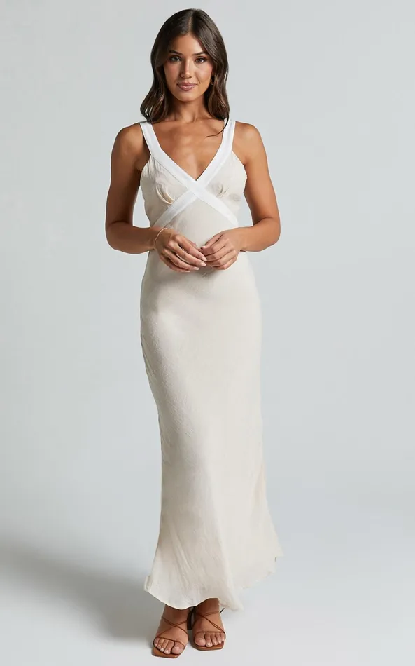 Showpo Chakyra Midi Dress 8211 Contrast Strap Bias Cut Column Dress In Beige With White Contrast Women Dresses