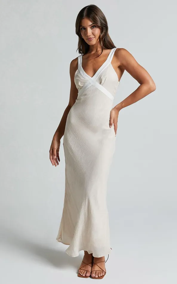 Showpo Chakyra Midi Dress 8211 Contrast Strap Bias Cut Column Dress In Beige With White Contrast Women Dresses