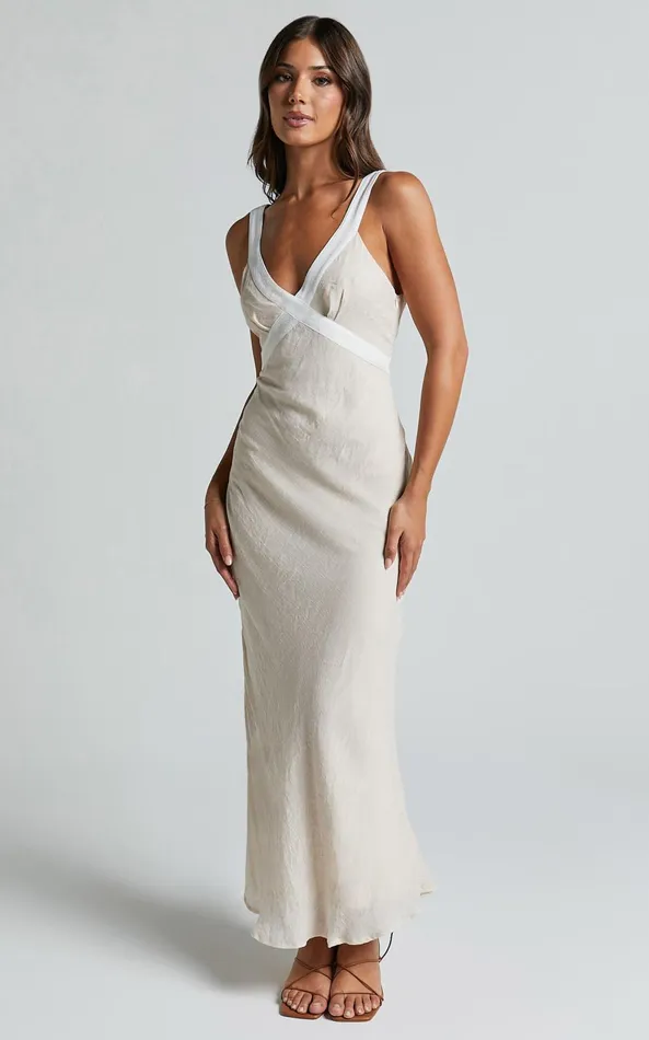 Showpo Chakyra Midi Dress 8211 Contrast Strap Bias Cut Column Dress In Beige With White Contrast Women Dresses