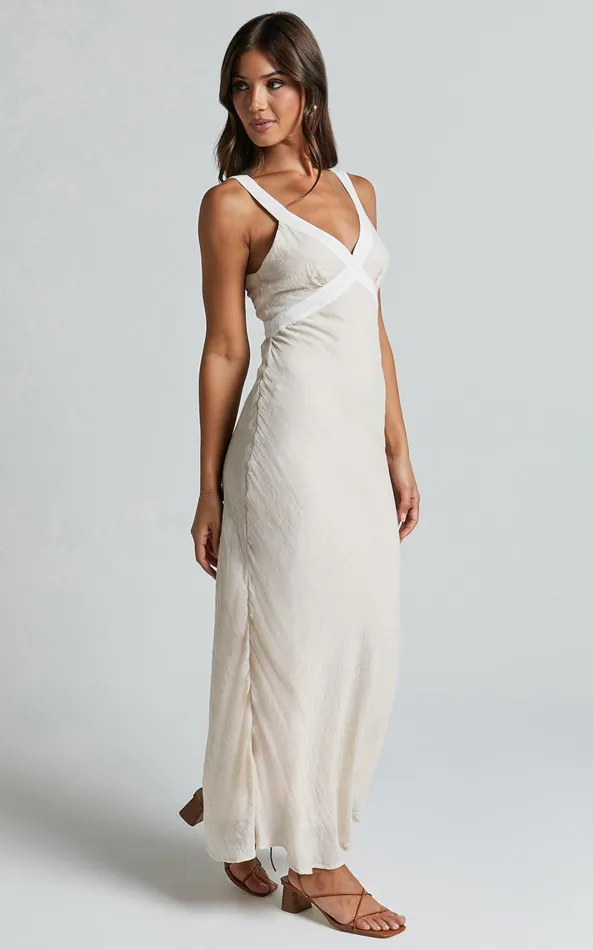 Showpo Chakyra Midi Dress 8211 Contrast Strap Bias Cut Column Dress In Beige With White Contrast Women Dresses